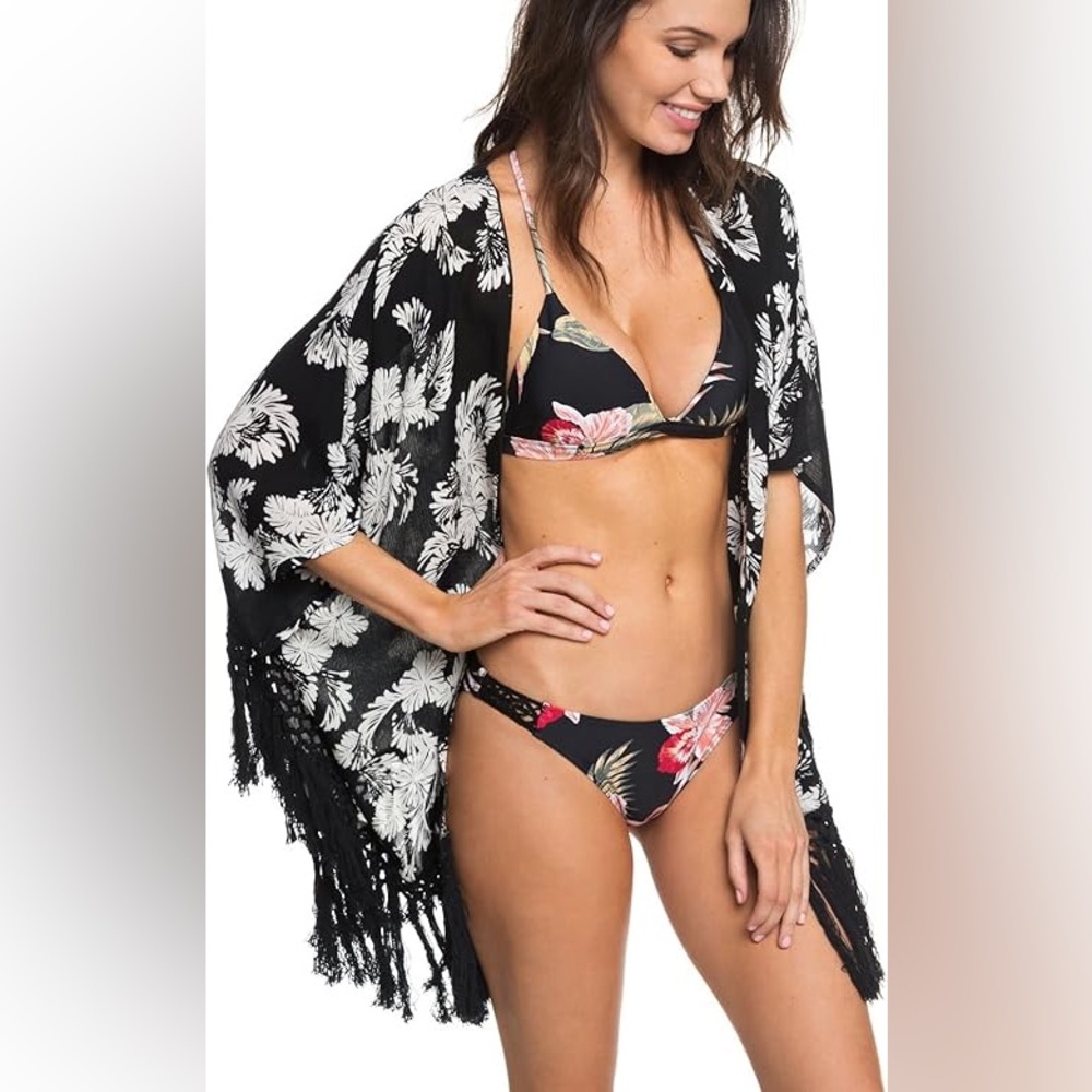 New Roxy Desert Oasis Kimono Black Floral Size Medium Large Tropical Fringe
